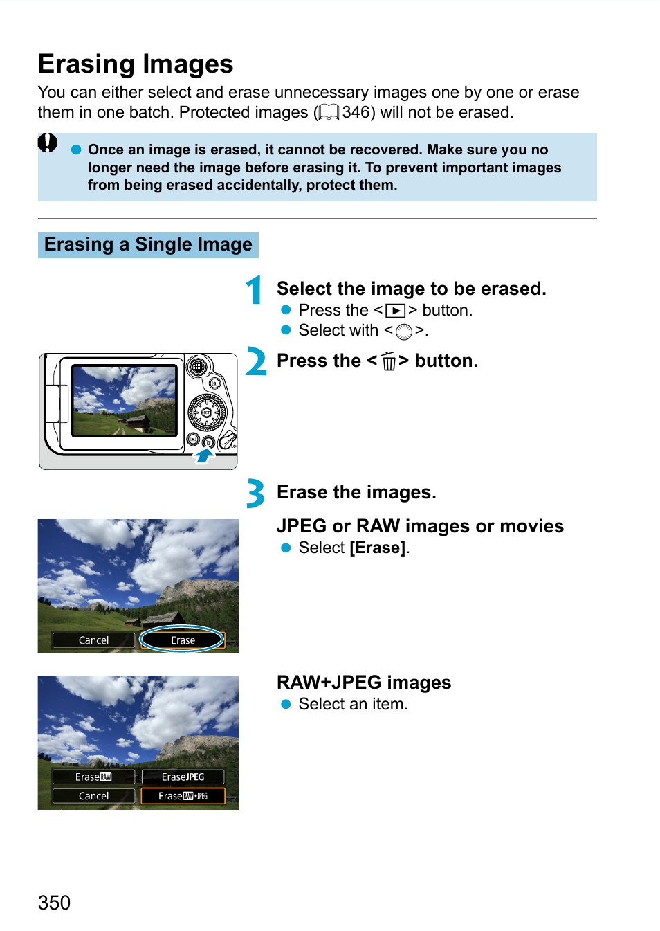 Erasing images, Erasing | Canon EOS 90D DSLR Camera with 18-135mm Lens User Manual | Page 350 / 646