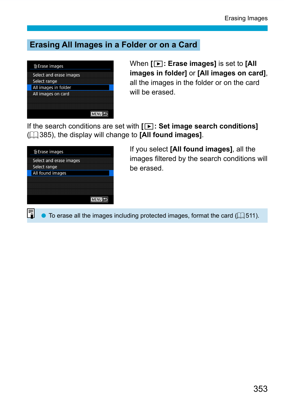 353), only the protected images will remain | Canon EOS 90D DSLR Camera with 18-135mm Lens User Manual | Page 353 / 646