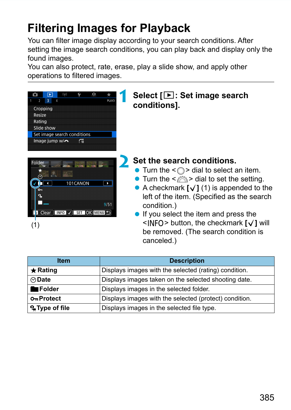 Filtering images for playback, 385), only the ﬁ, 385), the display will change to | Canon EOS 90D DSLR Camera with 18-135mm Lens User Manual | Page 385 / 646