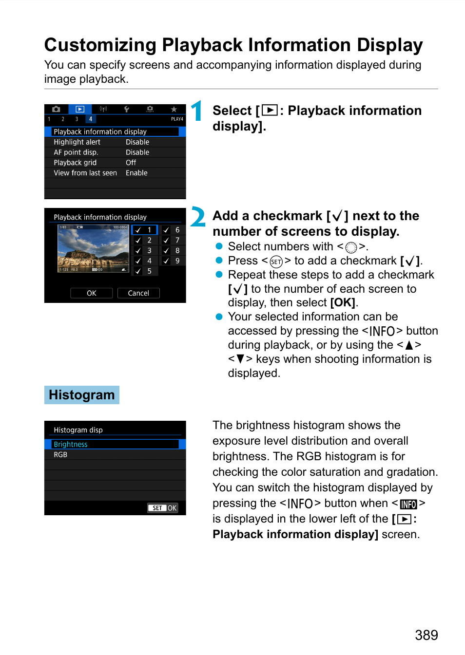 Customizing playback information display | Canon EOS 90D DSLR Camera with 18-135mm Lens User Manual | Page 389 / 646