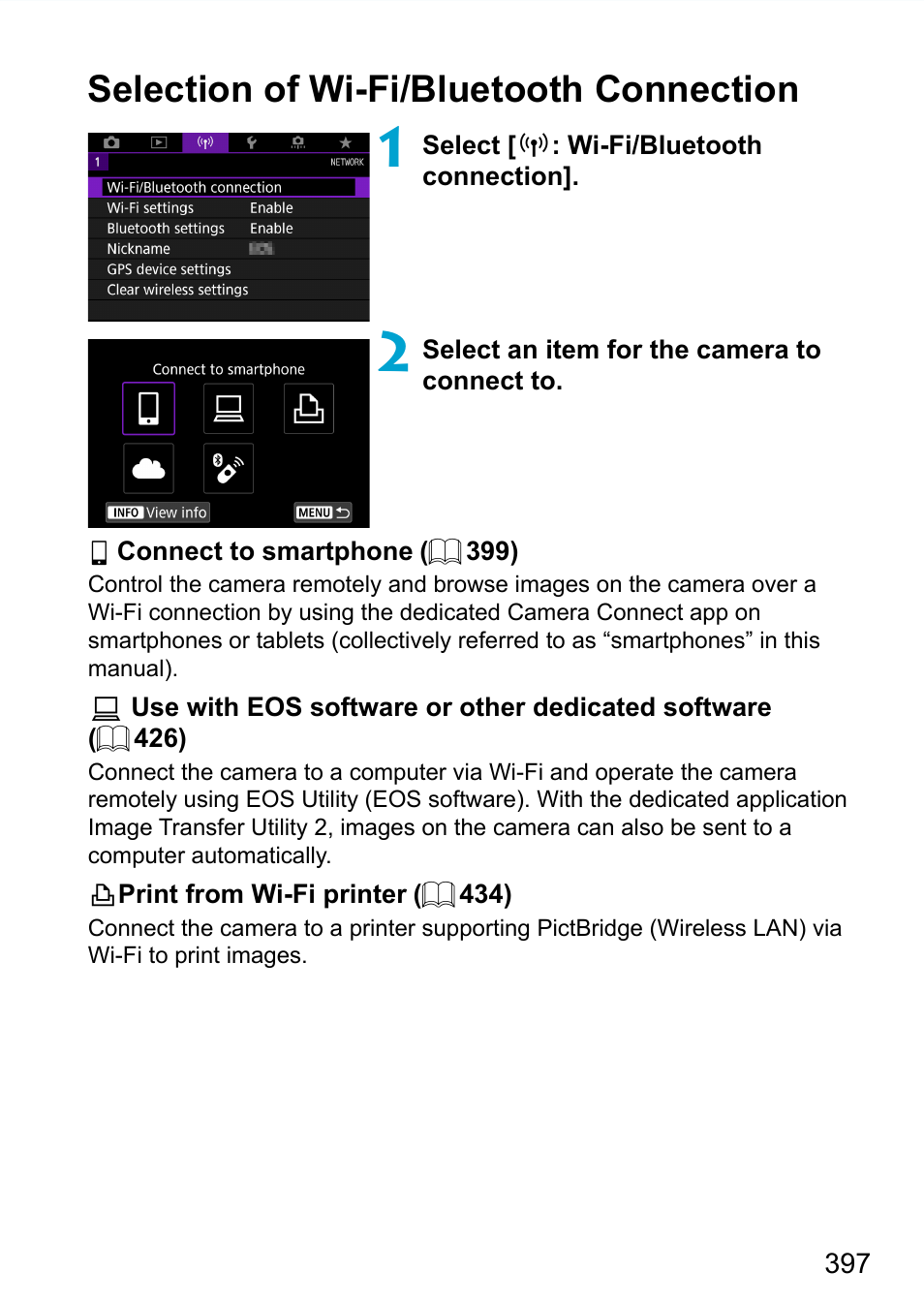 Selection of wi-fi/bluetooth connection | Canon EOS 90D DSLR Camera with 18-135mm Lens User Manual | Page 397 / 646