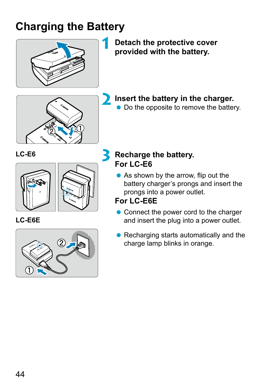 Charging the battery, Charger for battery pack lp-e6n/lp-e6 | Canon EOS 90D DSLR Camera with 18-135mm Lens User Manual | Page 44 / 646