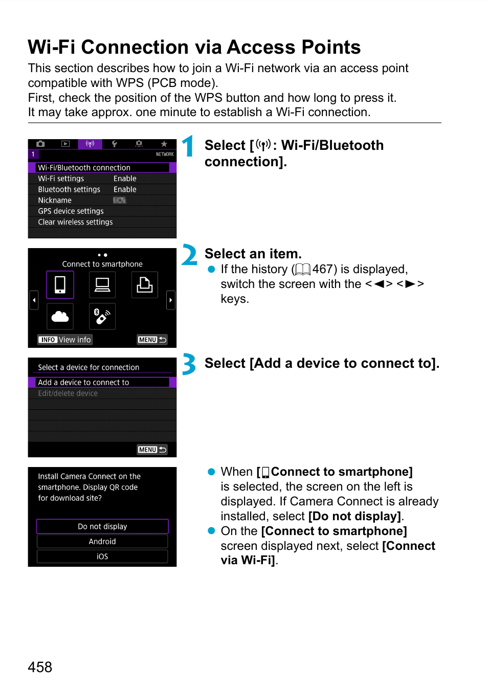 Wi-fi connection via access points | Canon EOS 90D DSLR Camera with 18-135mm Lens User Manual | Page 458 / 646