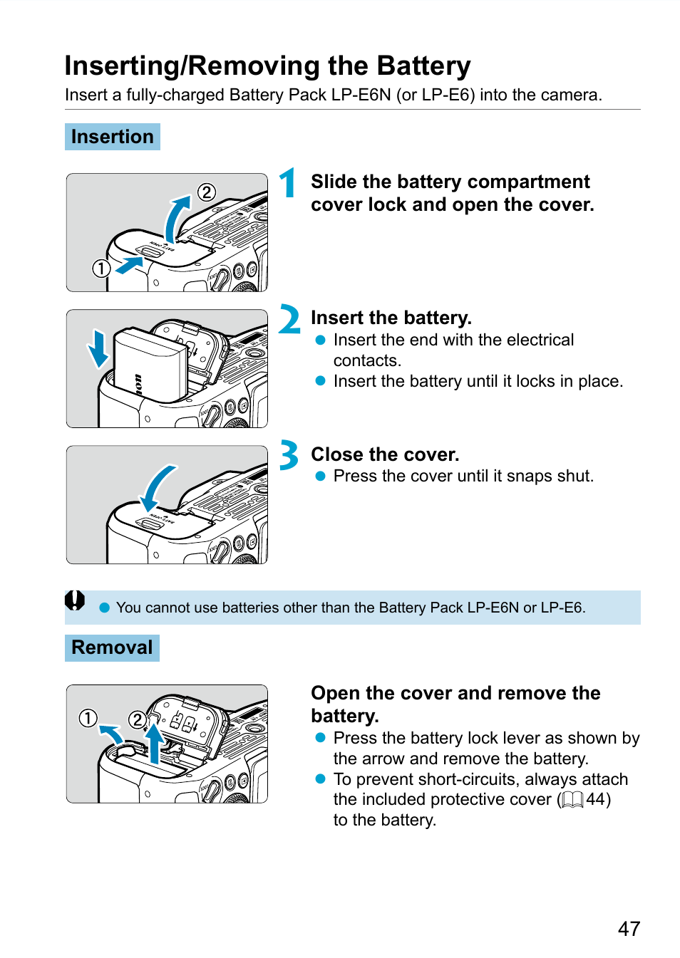 Inserting/removing the battery, Insert the battery | Canon EOS 90D DSLR Camera with 18-135mm Lens User Manual | Page 47 / 646