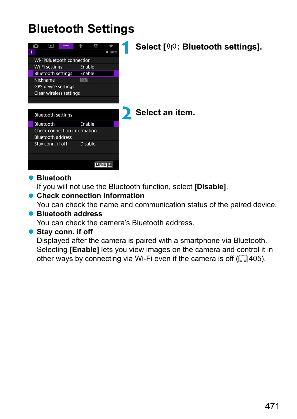 Bluetooth settings | Canon EOS 90D DSLR Camera with 18-135mm Lens User Manual | Page 471 / 646