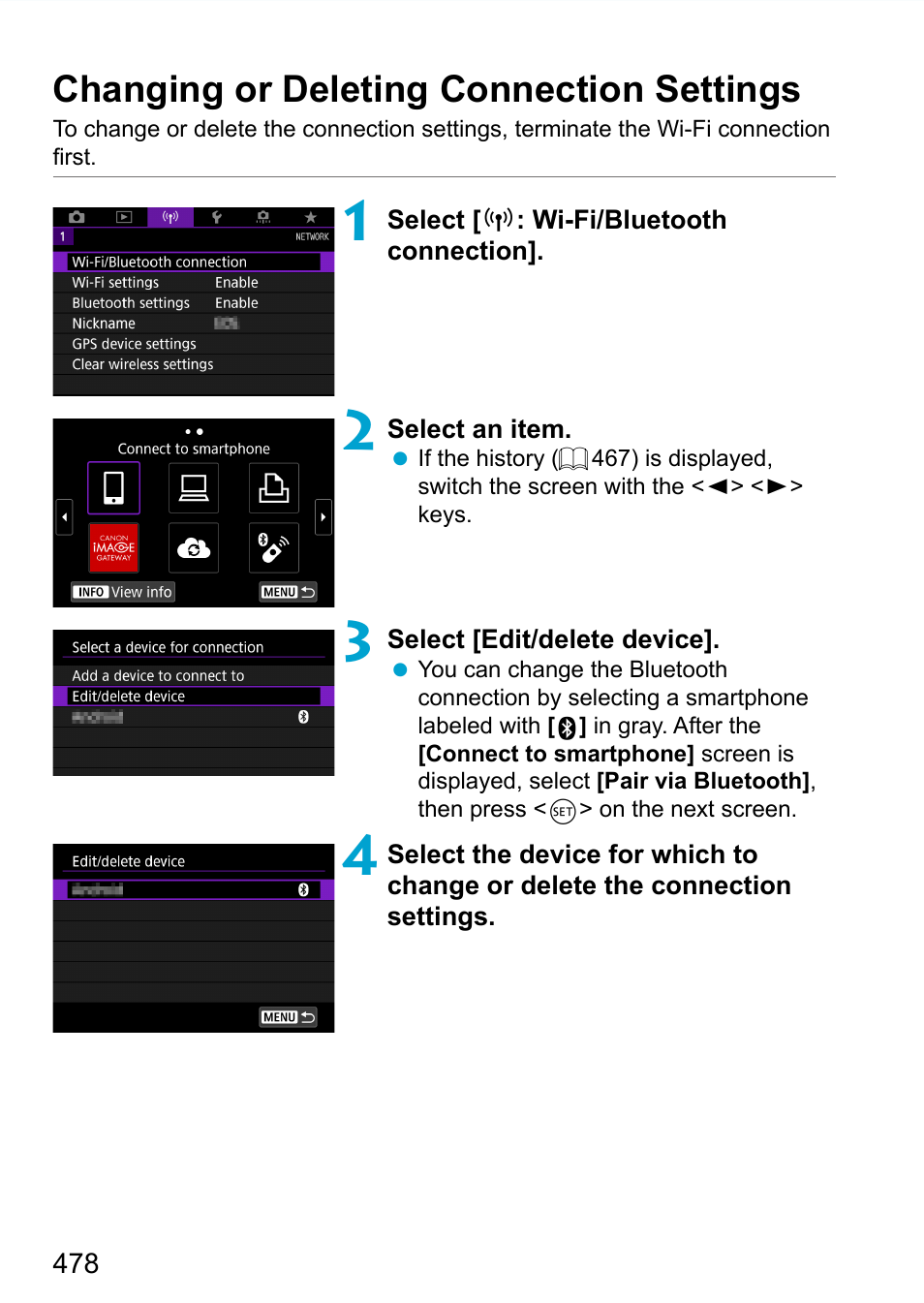 Changing or deleting connection settings, O delete connection settings, see | Canon EOS 90D DSLR Camera with 18-135mm Lens User Manual | Page 478 / 646