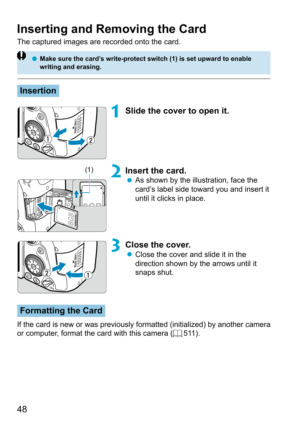 Inserting and removing the card, Insert the card | Canon EOS 90D DSLR Camera with 18-135mm Lens User Manual | Page 48 / 646