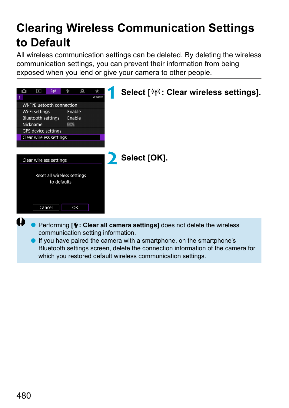 Clear wireless settings | Canon EOS 90D DSLR Camera with 18-135mm Lens User Manual | Page 480 / 646