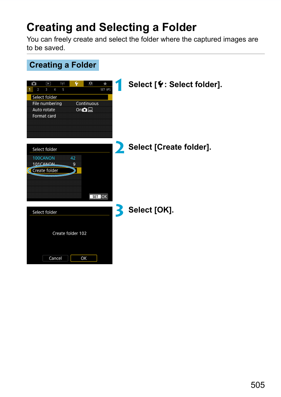 Creating and selecting a folder | Canon EOS 90D DSLR Camera with 18-135mm Lens User Manual | Page 505 / 646