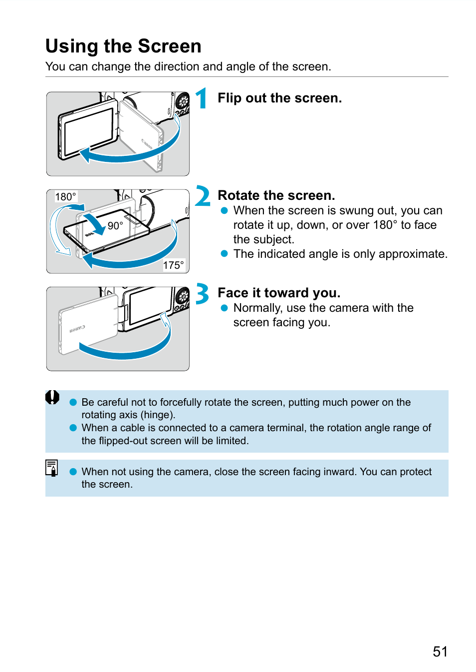 Using the screen, Flip out the screen, Ari-angle | Canon EOS 90D DSLR Camera with 18-135mm Lens User Manual | Page 51 / 646