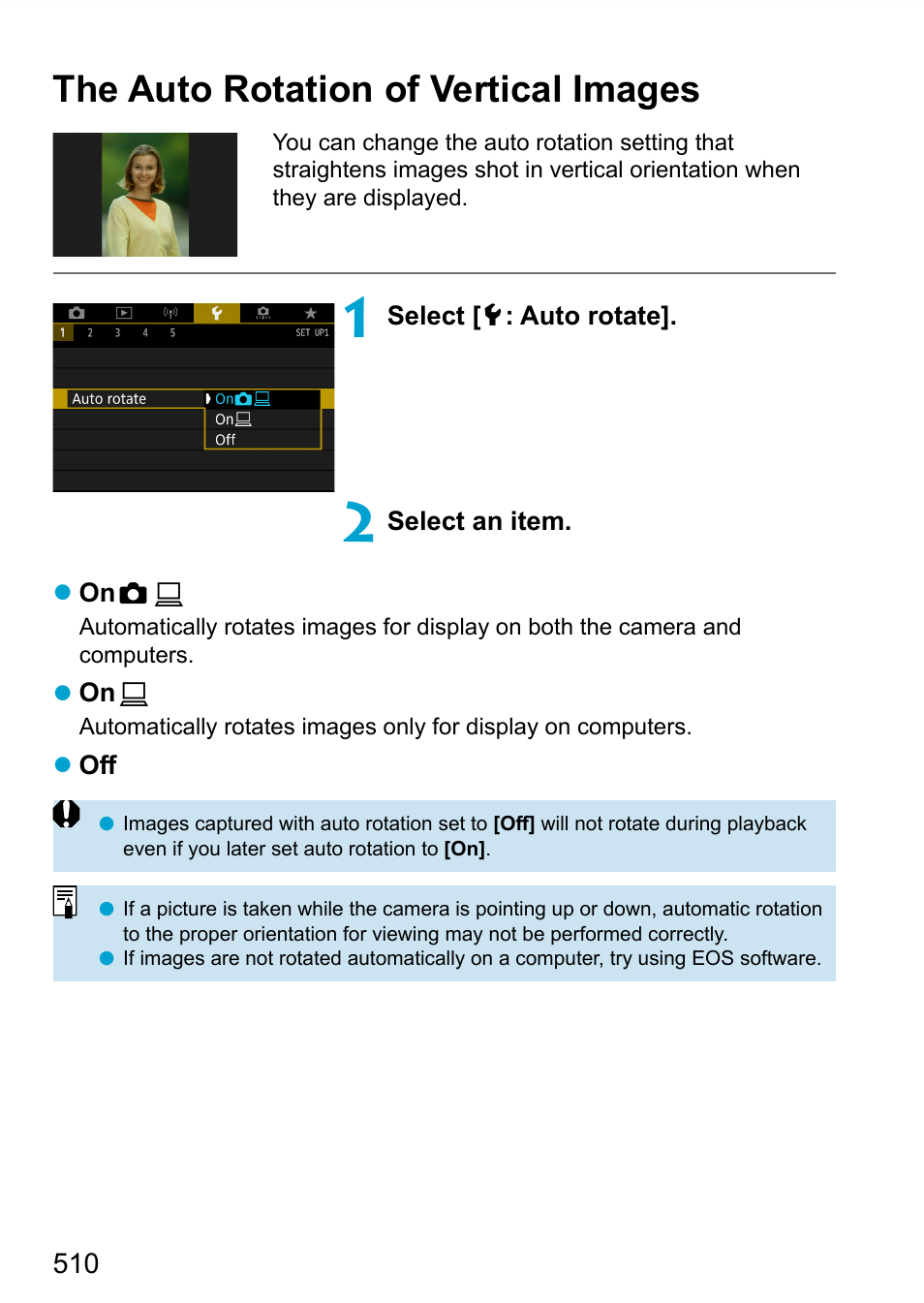 The auto rotation of vertical images | Canon EOS 90D DSLR Camera with 18-135mm Lens User Manual | Page 510 / 646