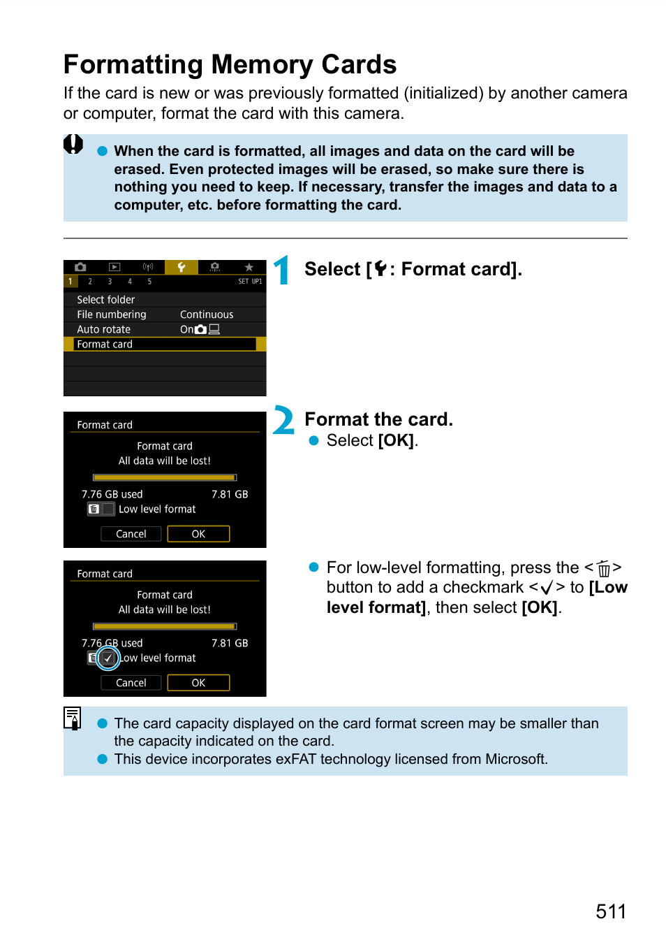 Formatting memory cards, And then format the card with the camera, Camera before recording movies is recommended | If you format the card, 511), the protected images will also be erased | Canon EOS 90D DSLR Camera with 18-135mm Lens User Manual | Page 511 / 646