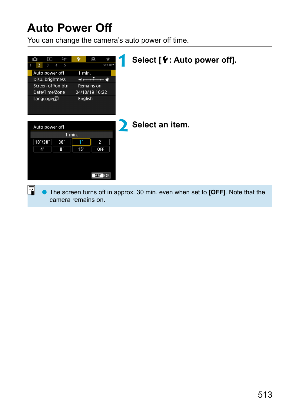 Auto power off, Auto power oﬀ, Power saving | Canon EOS 90D DSLR Camera with 18-135mm Lens User Manual | Page 513 / 646