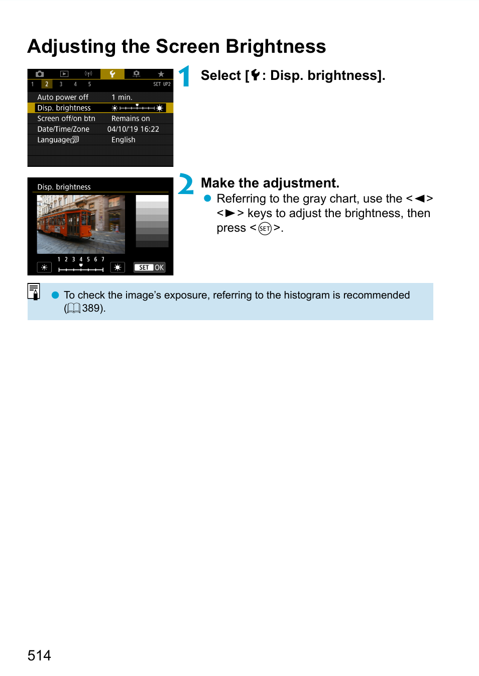 Adjusting the screen brightness, Brightness | Canon EOS 90D DSLR Camera with 18-135mm Lens User Manual | Page 514 / 646