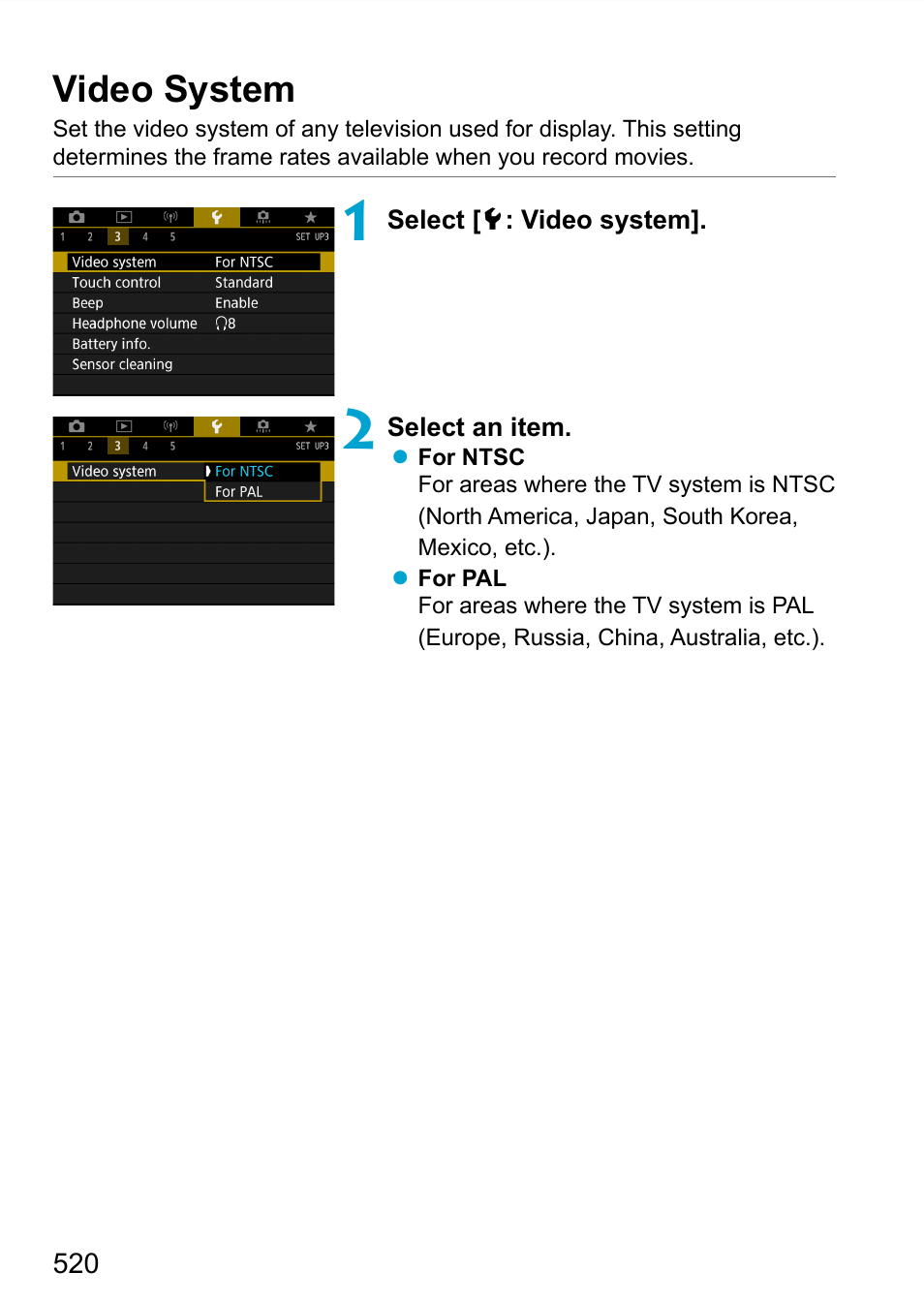 Video system, Setting | Canon EOS 90D DSLR Camera with 18-135mm Lens User Manual | Page 520 / 646