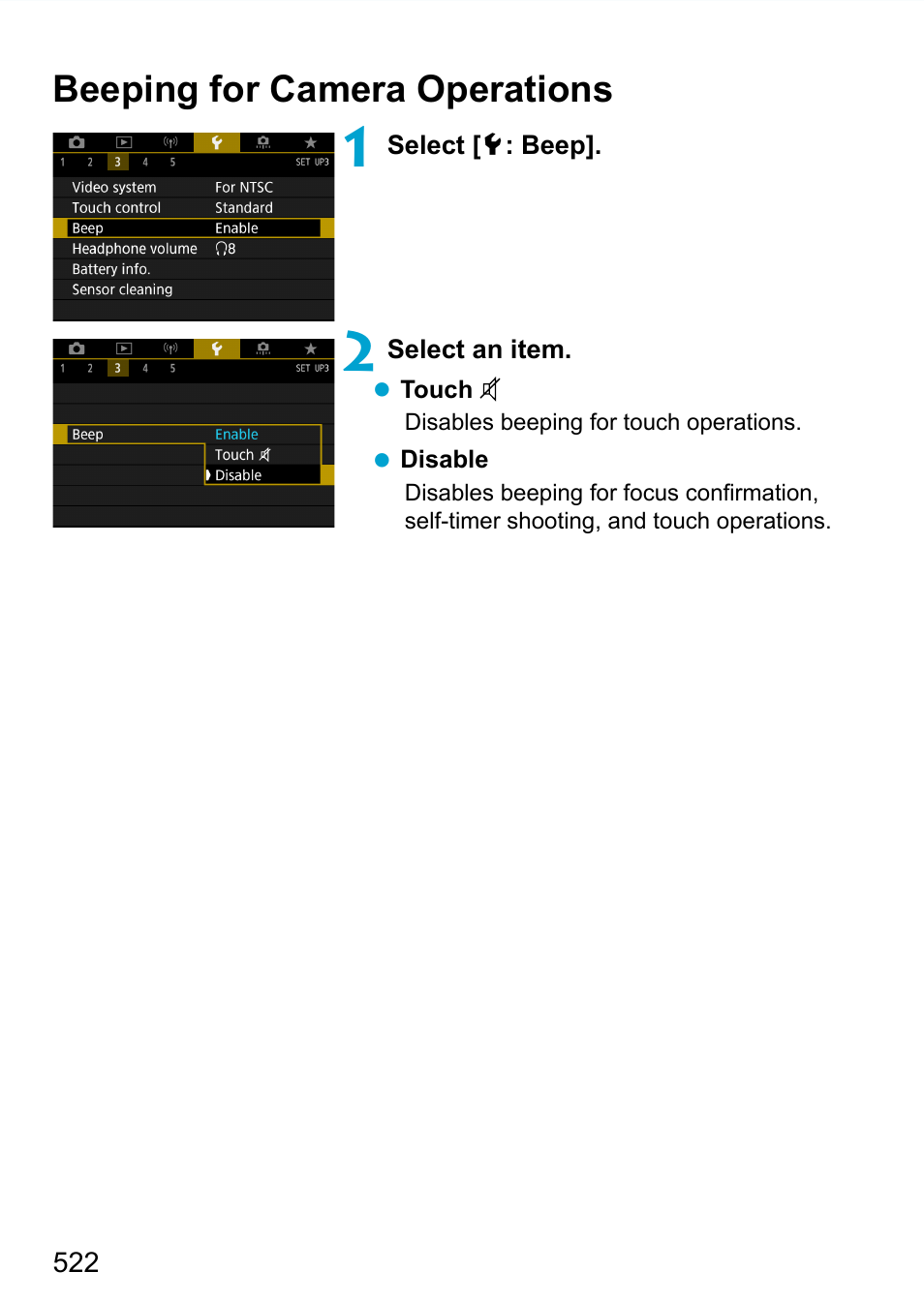 Beeping for camera operations, Beeper, Touch operations | Canon EOS 90D DSLR Camera with 18-135mm Lens User Manual | Page 522 / 646