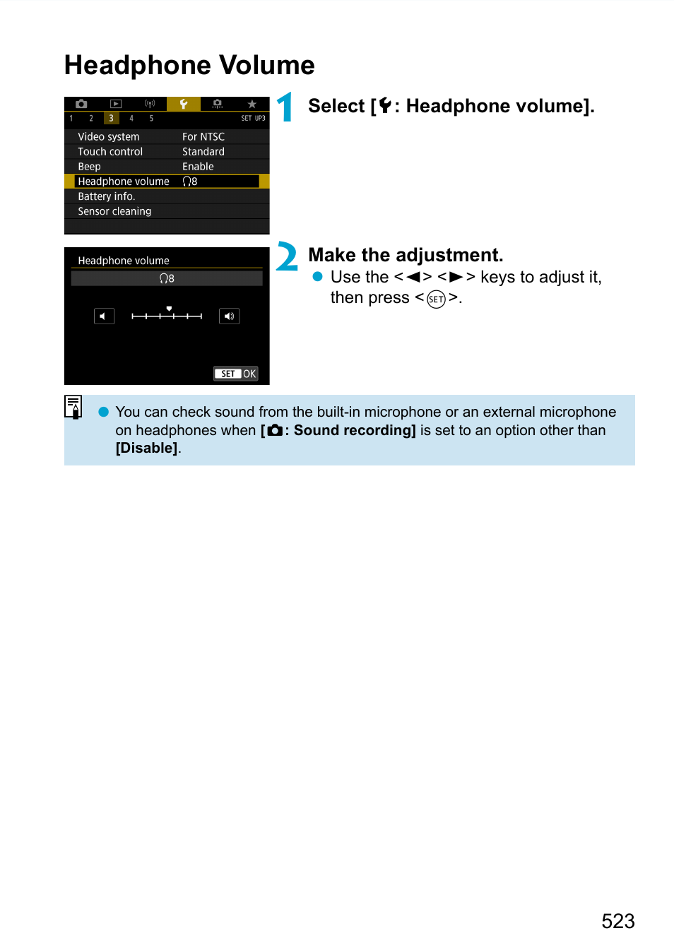 Headphone volume | Canon EOS 90D DSLR Camera with 18-135mm Lens User Manual | Page 523 / 646