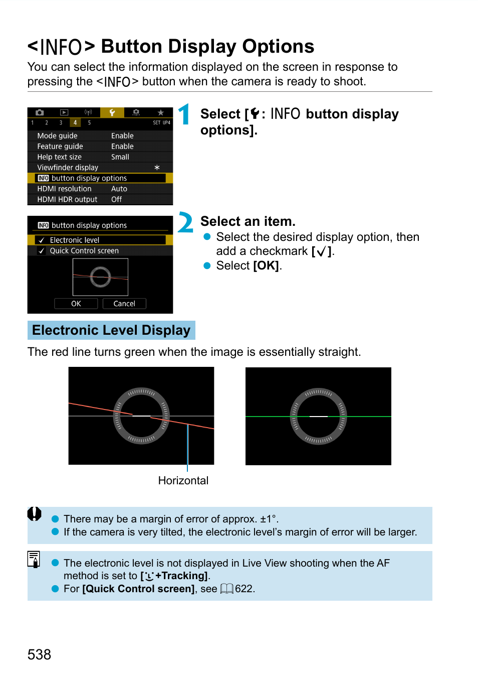 Info> button display options, Button display options, B > button display options | Canon EOS 90D DSLR Camera with 18-135mm Lens User Manual | Page 538 / 646