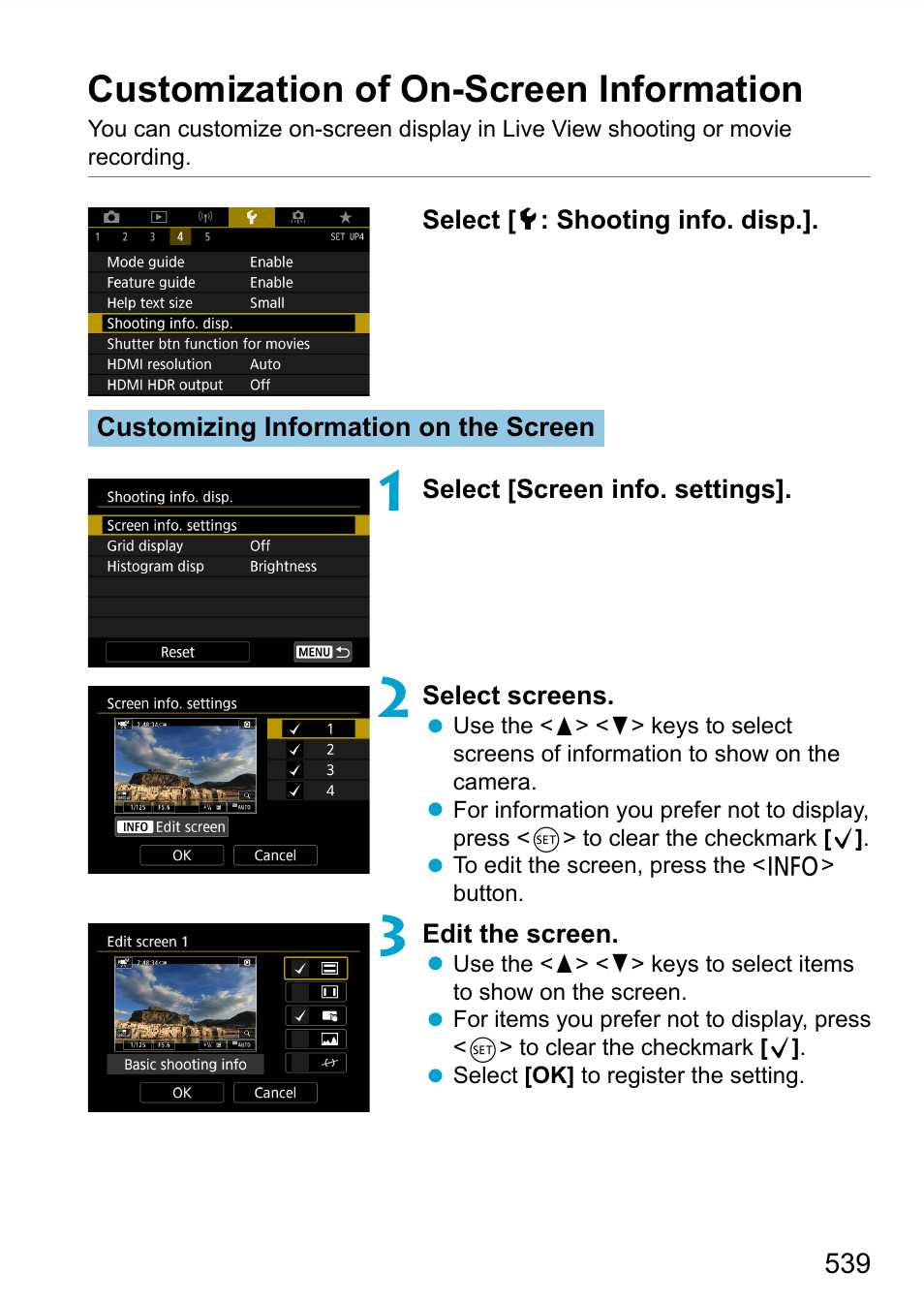 Customization of on-screen information, Electronic level | Canon EOS 90D DSLR Camera with 18-135mm Lens User Manual | Page 539 / 646