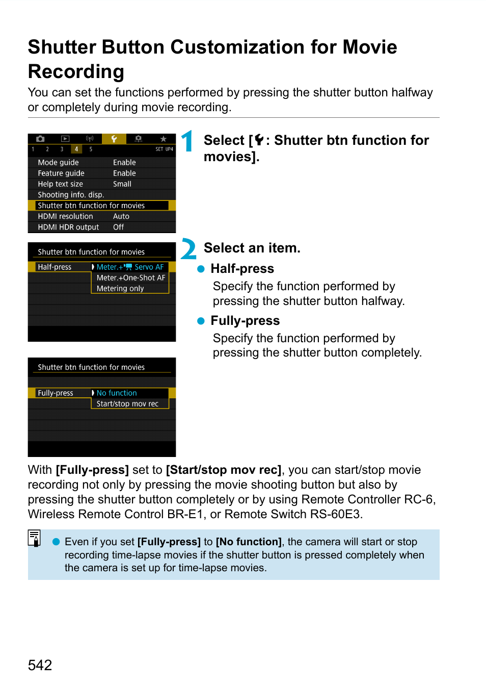 Shutter button customization for movie recording | Canon EOS 90D DSLR Camera with 18-135mm Lens User Manual | Page 542 / 646