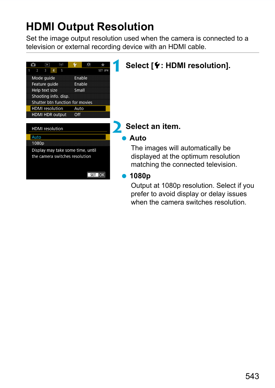 Hdmi output resolution | Canon EOS 90D DSLR Camera with 18-135mm Lens User Manual | Page 543 / 646