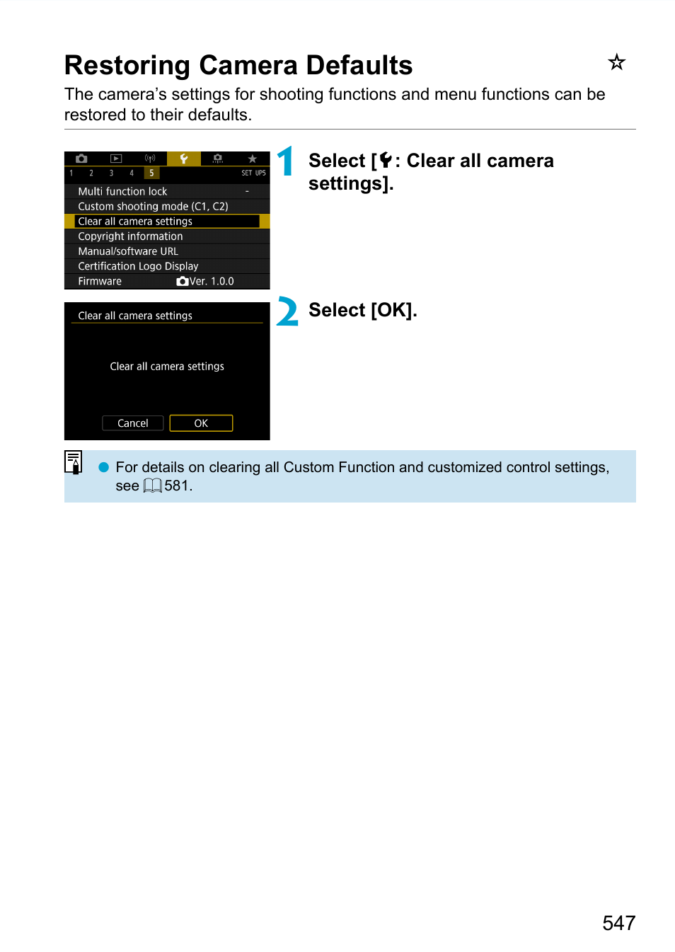 Restoring camera defaults, Clear all camera settings, 547), all the | Canon EOS 90D DSLR Camera with 18-135mm Lens User Manual | Page 547 / 646