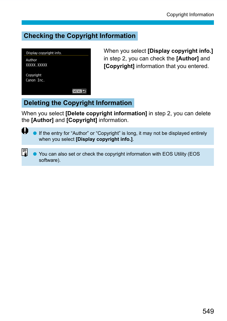 Checking the copyright information, Deleting the copyright information | Canon EOS 90D DSLR Camera with 18-135mm Lens User Manual | Page 549 / 646