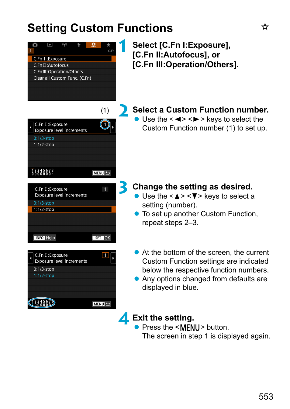 Setting custom functions | Canon EOS 90D DSLR Camera with 18-135mm Lens User Manual | Page 553 / 646