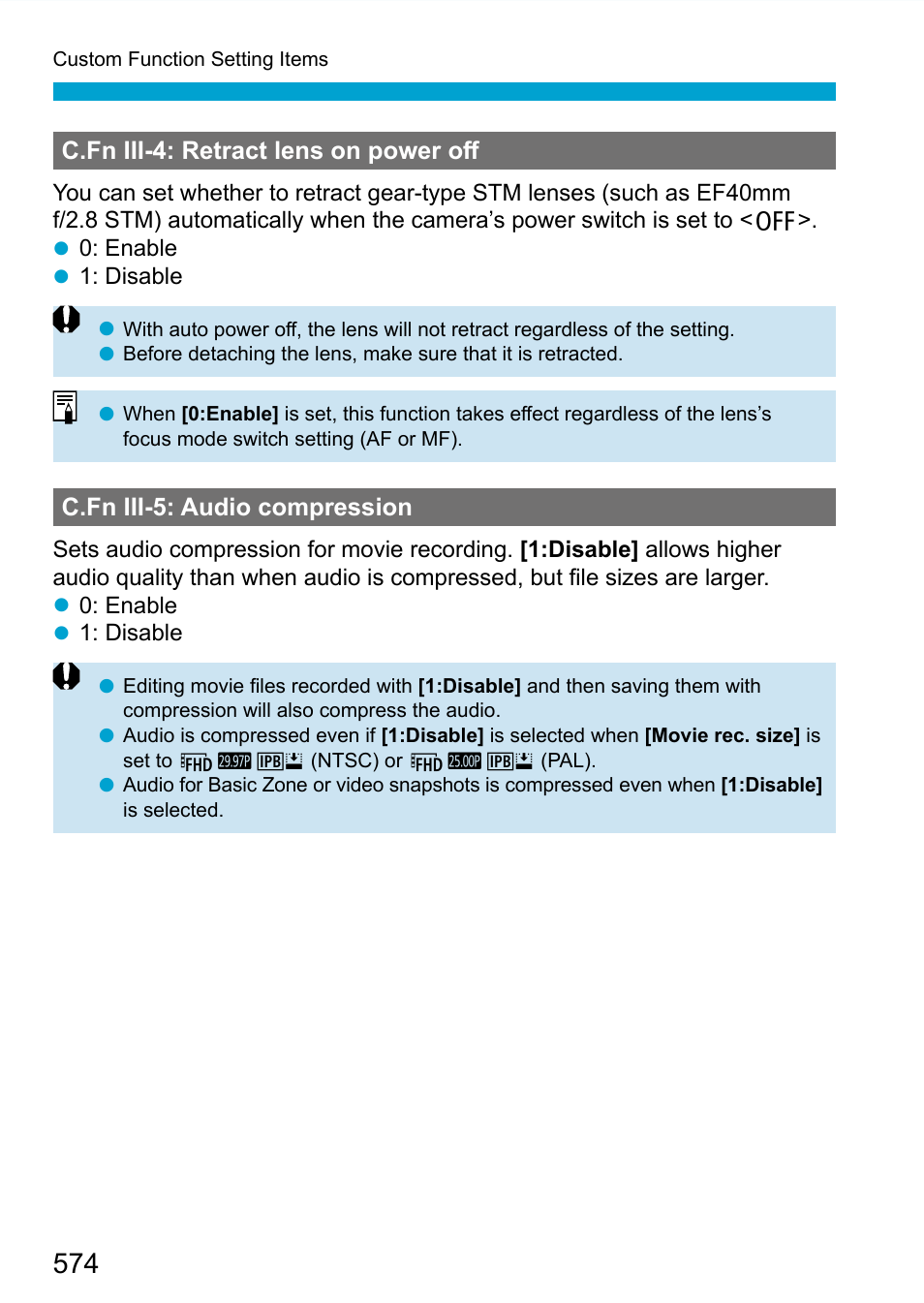 C.fn iii-4: retract lens on power oﬀ, C.fn iii-5: audio compression | Canon EOS 90D DSLR Camera with 18-135mm Lens User Manual | Page 574 / 646