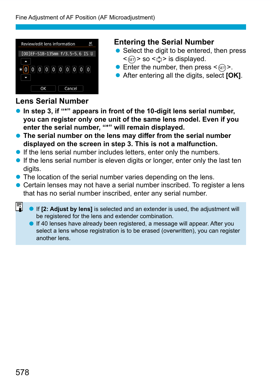 Entering the serial number, Lens serial number | Canon EOS 90D DSLR Camera with 18-135mm Lens User Manual | Page 578 / 646