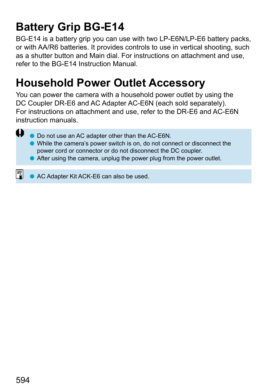 Battery grip bg-e14, Household power outlet accessory | Canon EOS 90D DSLR Camera with 18-135mm Lens User Manual | Page 594 / 646