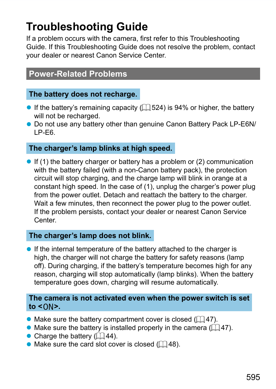 Troubleshooting, Roubleshooting guide, Troubleshooting guide | Power-related problems | Canon EOS 90D DSLR Camera with 18-135mm Lens User Manual | Page 595 / 646