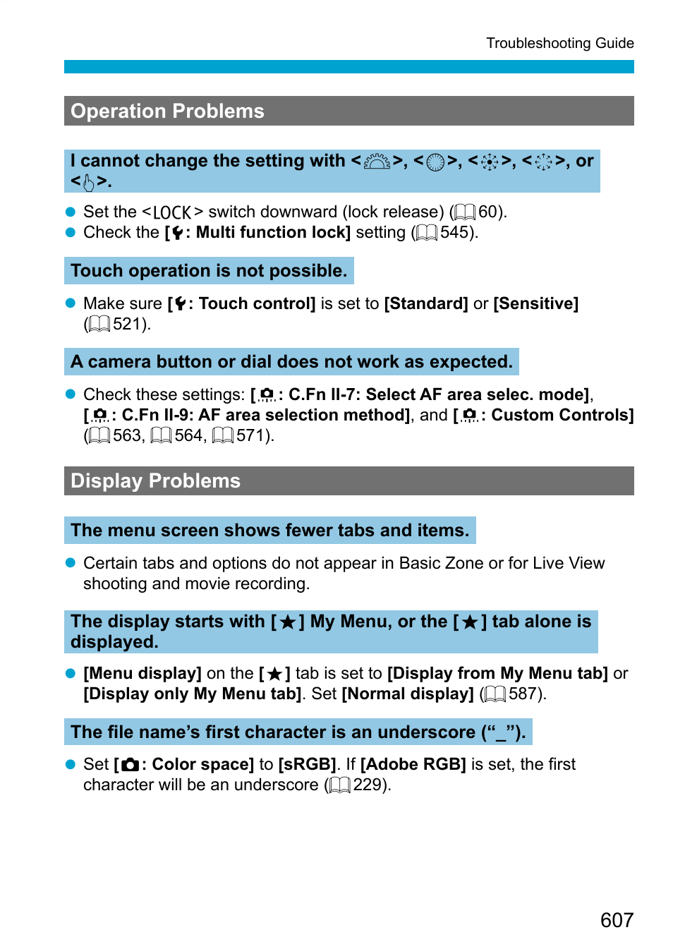 Operation problems, Display problems | Canon EOS 90D DSLR Camera with 18-135mm Lens User Manual | Page 607 / 646