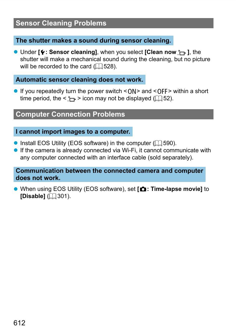 612 sensor cleaning problems, Computer connection problems | Canon EOS 90D DSLR Camera with 18-135mm Lens User Manual | Page 612 / 646