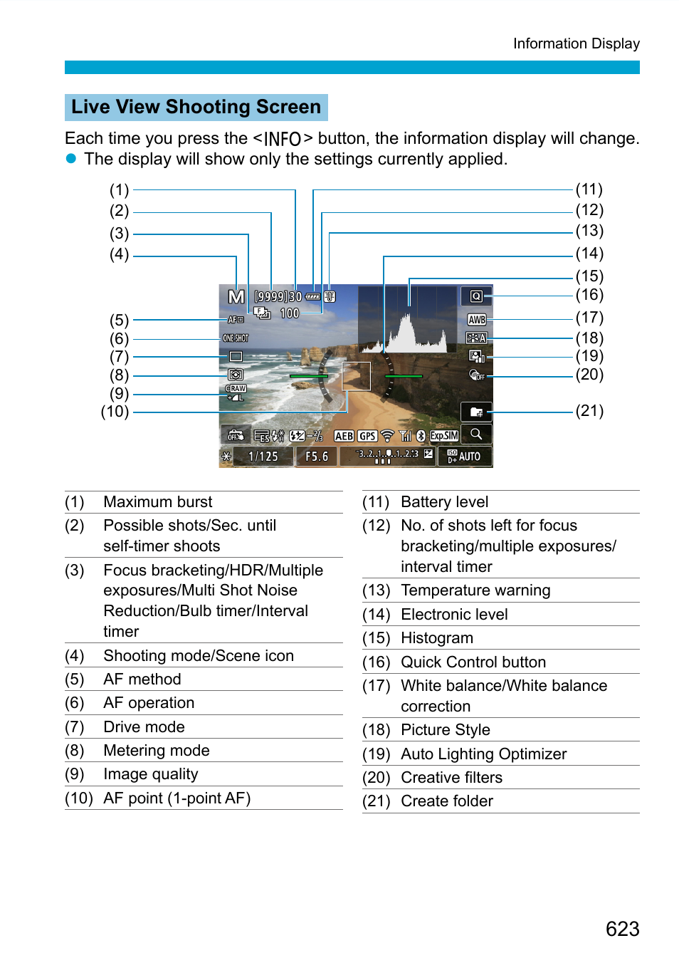 623 and, Live view shooting screen | Canon EOS 90D DSLR Camera with 18-135mm Lens User Manual | Page 623 / 646