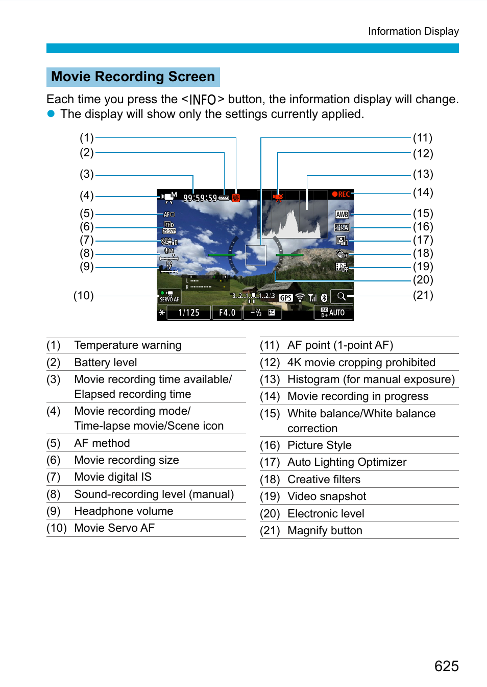 625, respectively), Movie recording screen | Canon EOS 90D DSLR Camera with 18-135mm Lens User Manual | Page 625 / 646