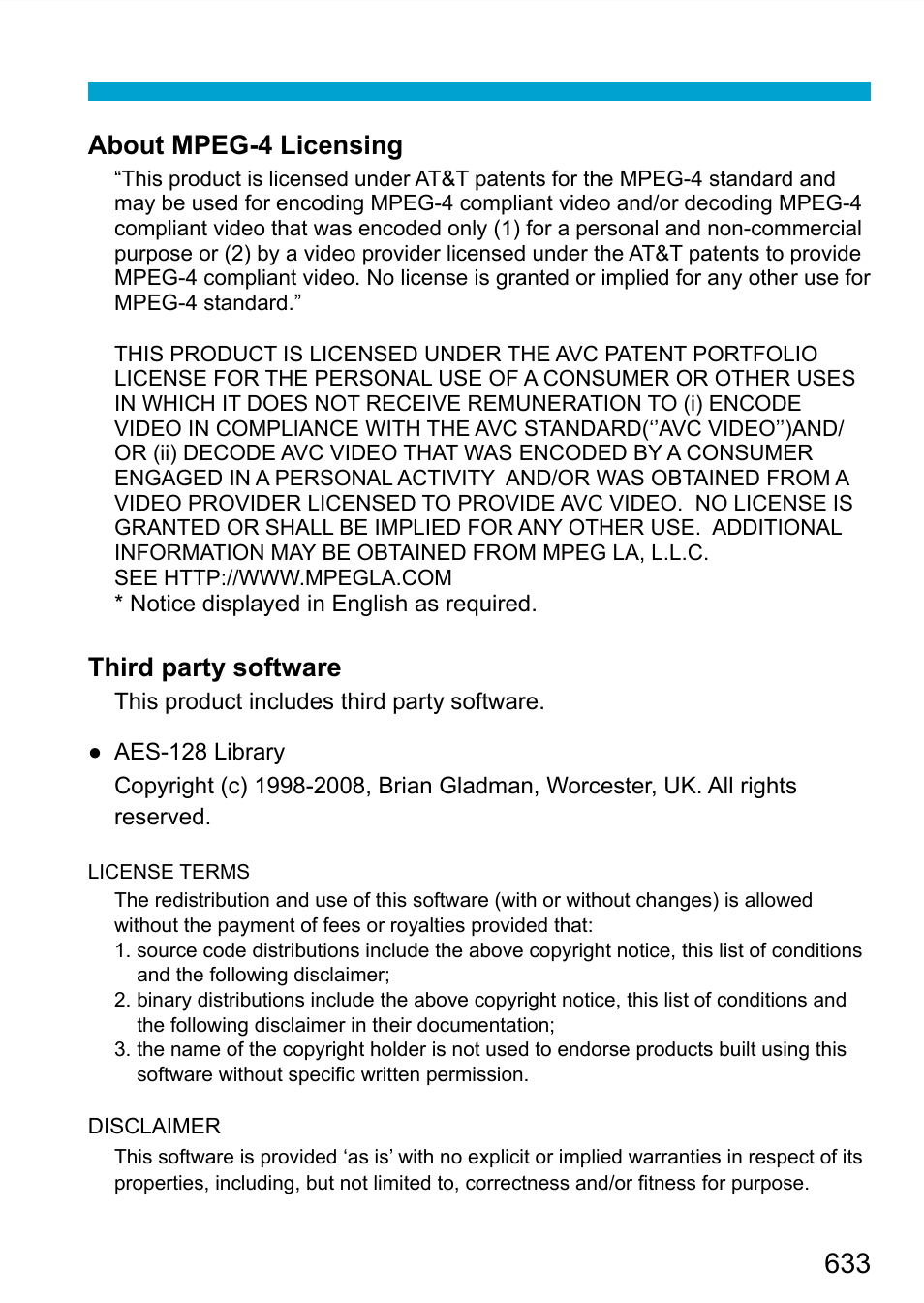 About mpeg-4 licensing, Third party software | Canon EOS 90D DSLR Camera with 18-135mm Lens User Manual | Page 633 / 646