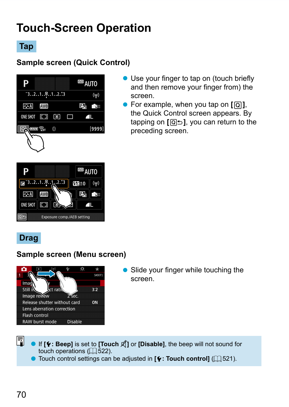 Touch-screen operation, Drag | Canon EOS 90D DSLR Camera with 18-135mm Lens User Manual | Page 70 / 646