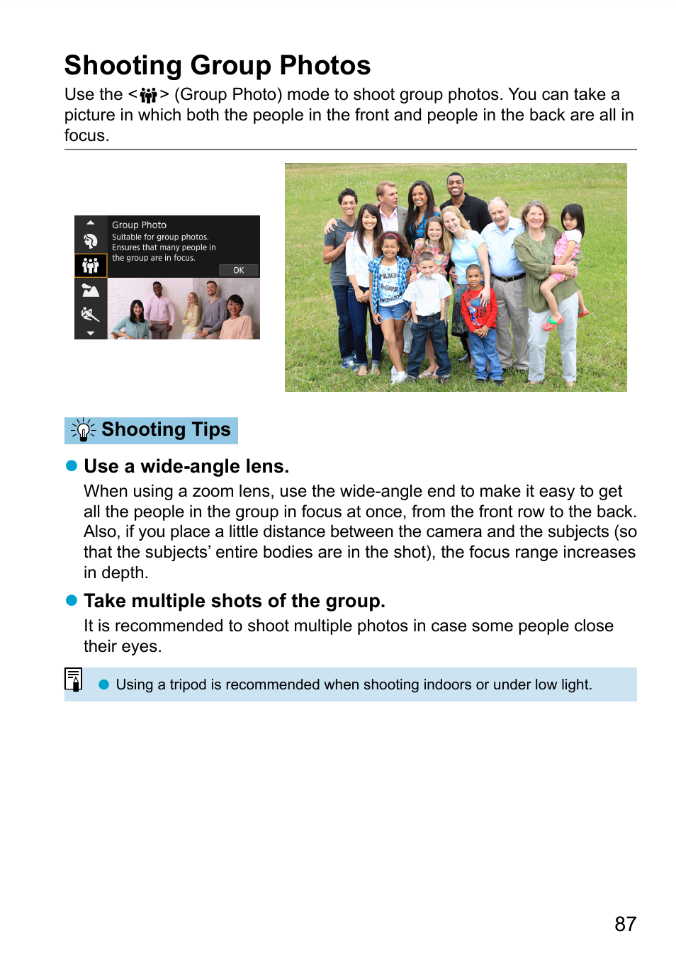 Shooting group photos, Group photo | Canon EOS 90D DSLR Camera with 18-135mm Lens User Manual | Page 87 / 646