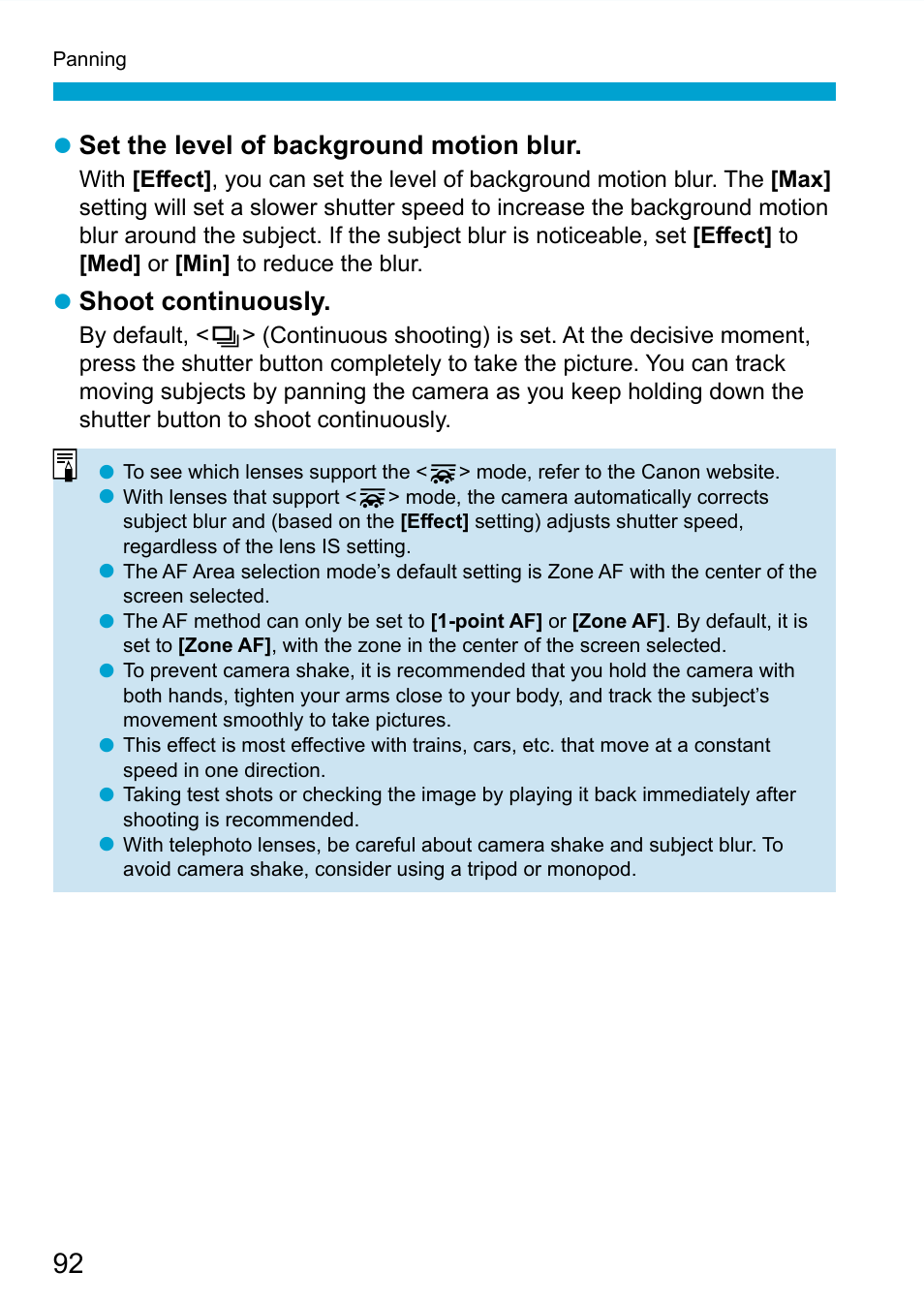 Set the level of background motion blur, Shoot continuously | Canon EOS 90D DSLR Camera with 18-135mm Lens User Manual | Page 92 / 646