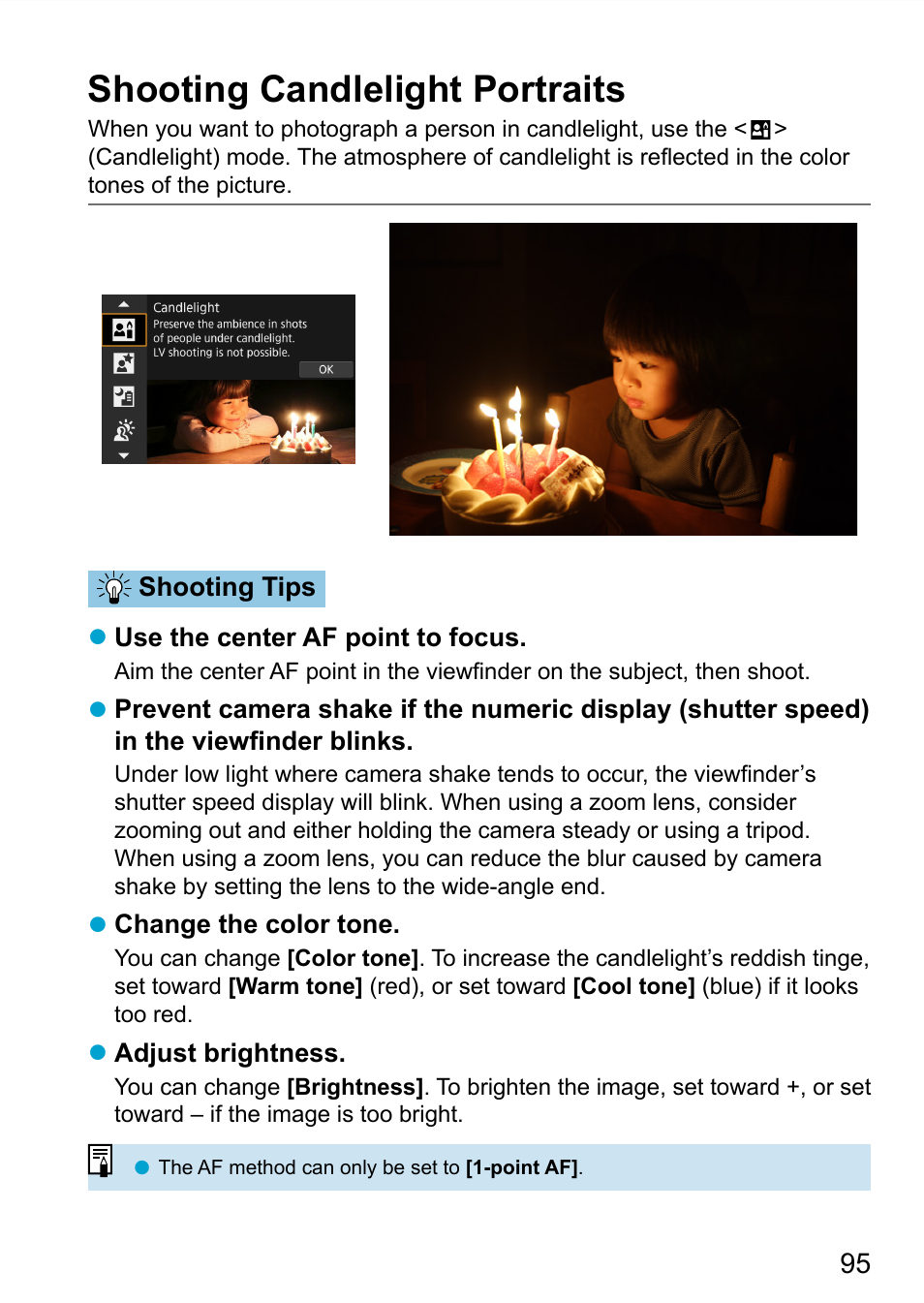 Shooting candlelight portraits | Canon EOS 90D DSLR Camera with 18-135mm Lens User Manual | Page 95 / 646