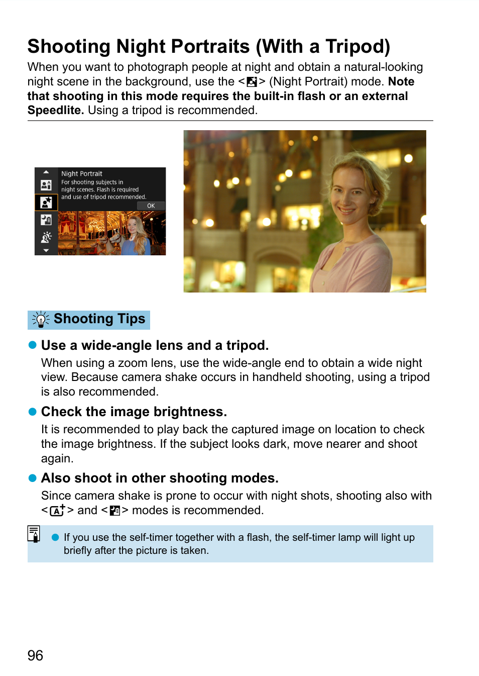 Shooting night portraits (with a tripod), Night portrait | Canon EOS 90D DSLR Camera with 18-135mm Lens User Manual | Page 96 / 646