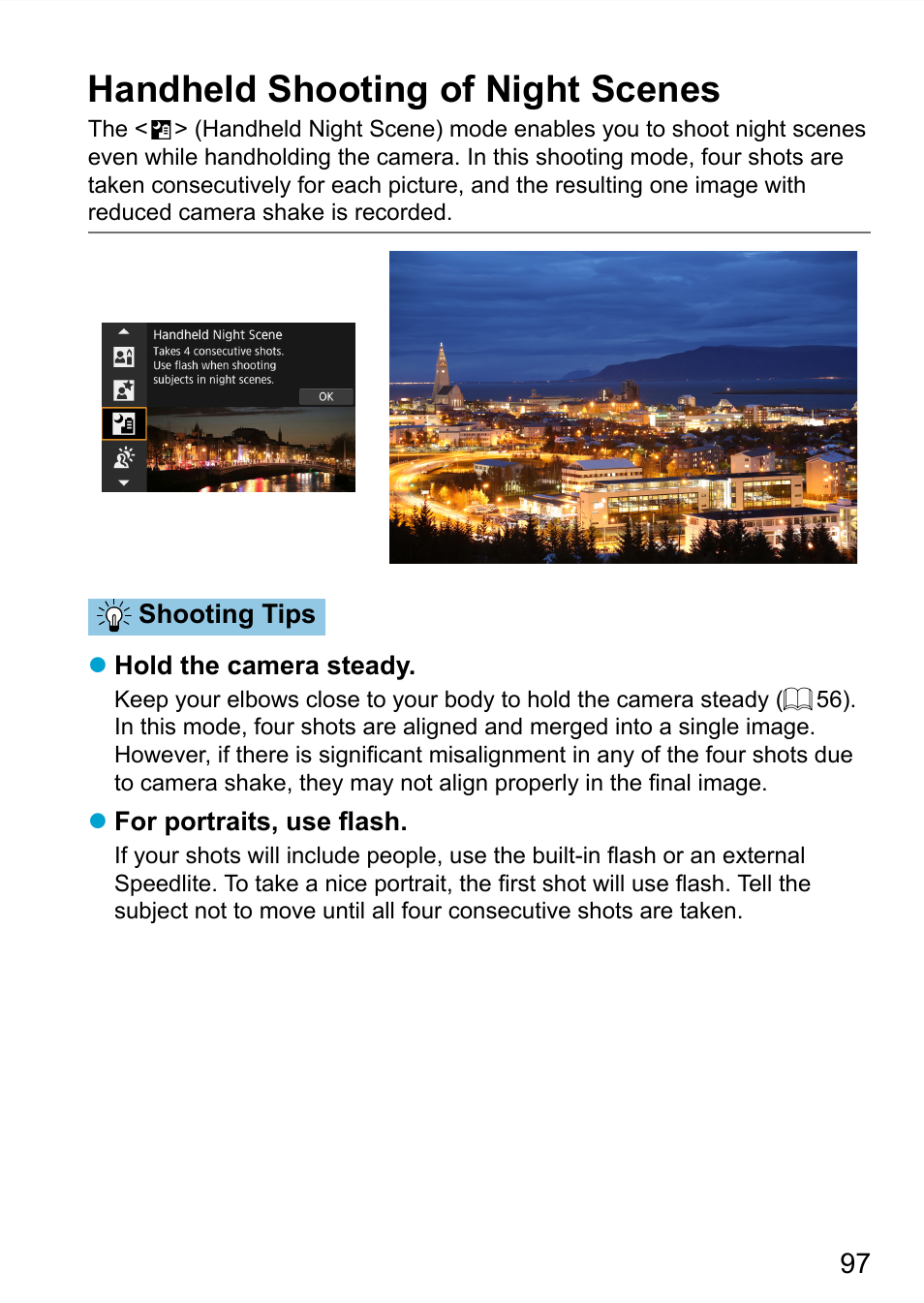 Handheld shooting of night scenes | Canon EOS 90D DSLR Camera with 18-135mm Lens User Manual | Page 97 / 646