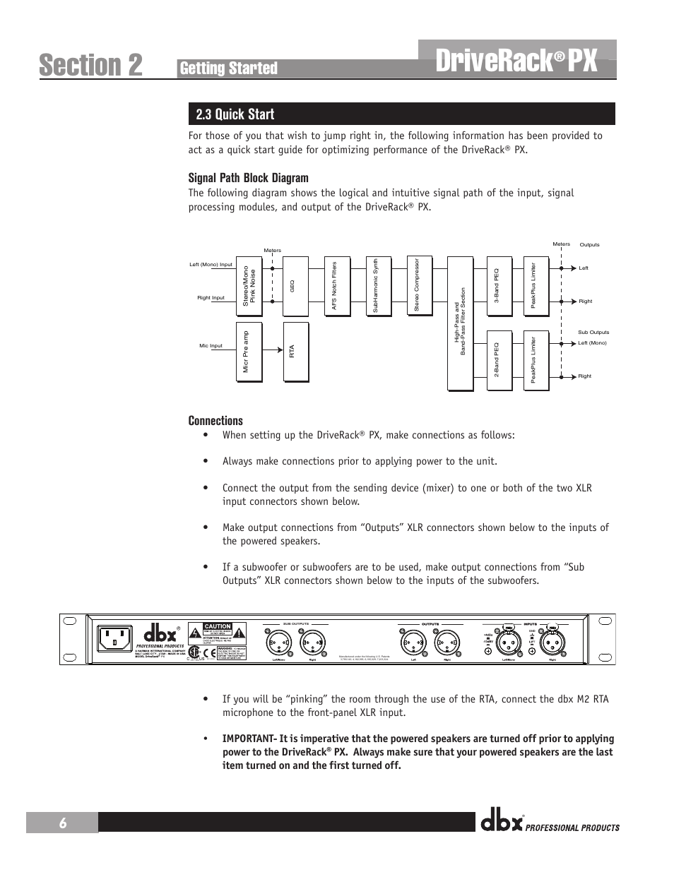 Driverack, Getting started, 3 quick start | Signal path block diagram, Connections | dbx DriveRack PX Manual User Manual | Page 10 / 48