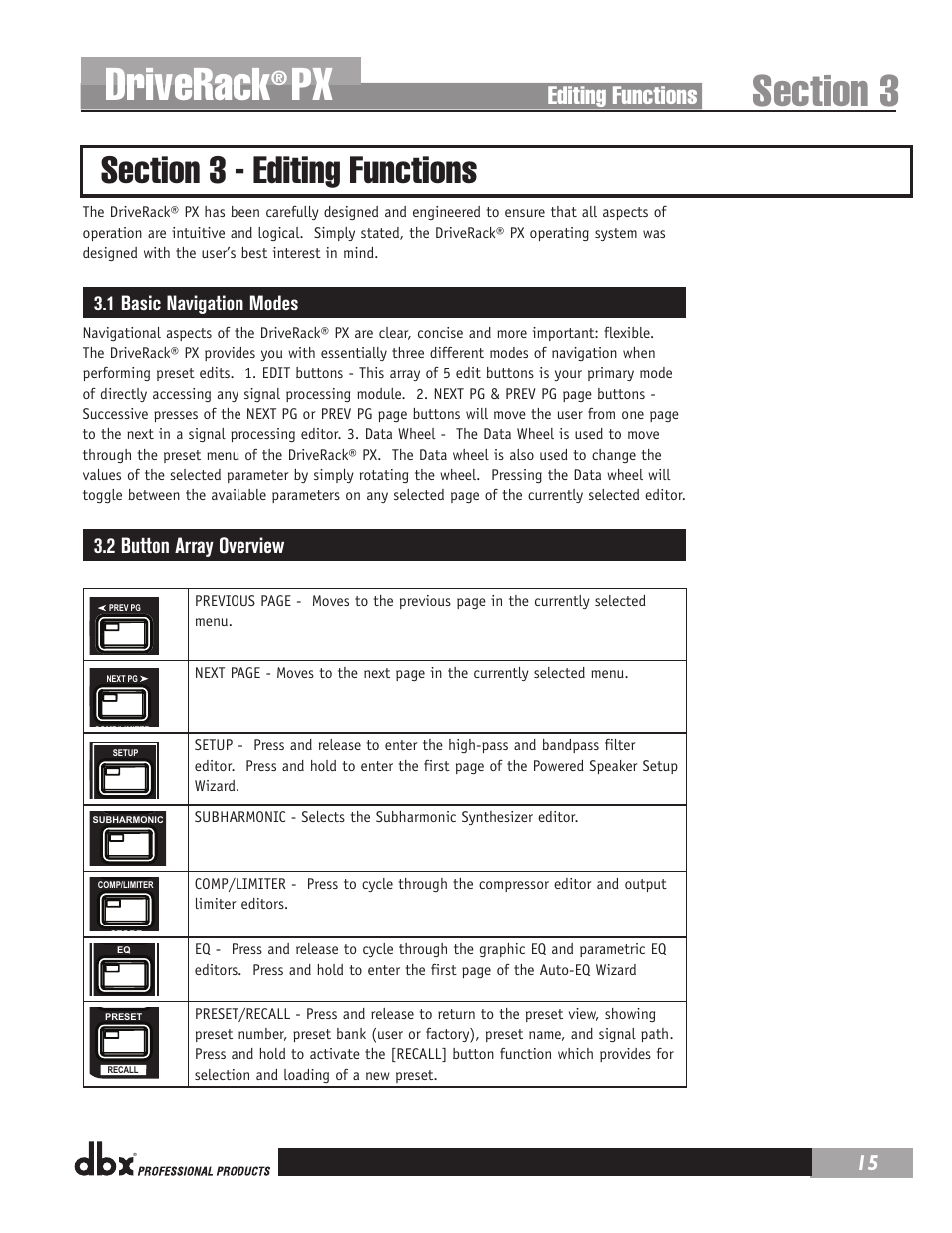 Driverack, Editing functions, 1 basic navigation modes | 2 button array overview | dbx DriveRack PX Manual User Manual | Page 19 / 48