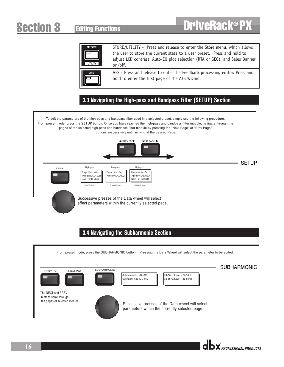 Driverack, Editing functions, Setup | Subharmonic, High-pass and bandpass filter | dbx DriveRack PX Manual User Manual | Page 20 / 48
