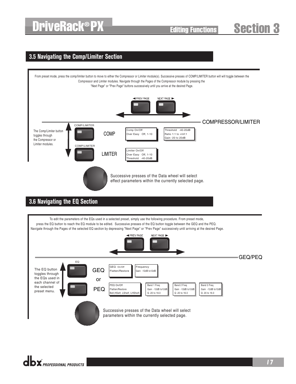 Driverack, Editing functions | dbx DriveRack PX Manual User Manual | Page 21 / 48