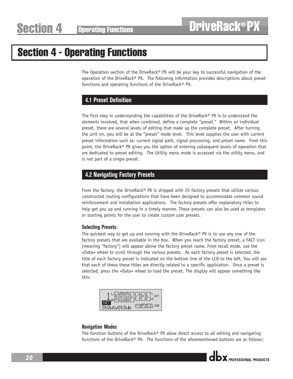 Driverack, Operating functions, 1 preset definition | 2 navigating factory presets | dbx DriveRack PX Manual User Manual | Page 24 / 48