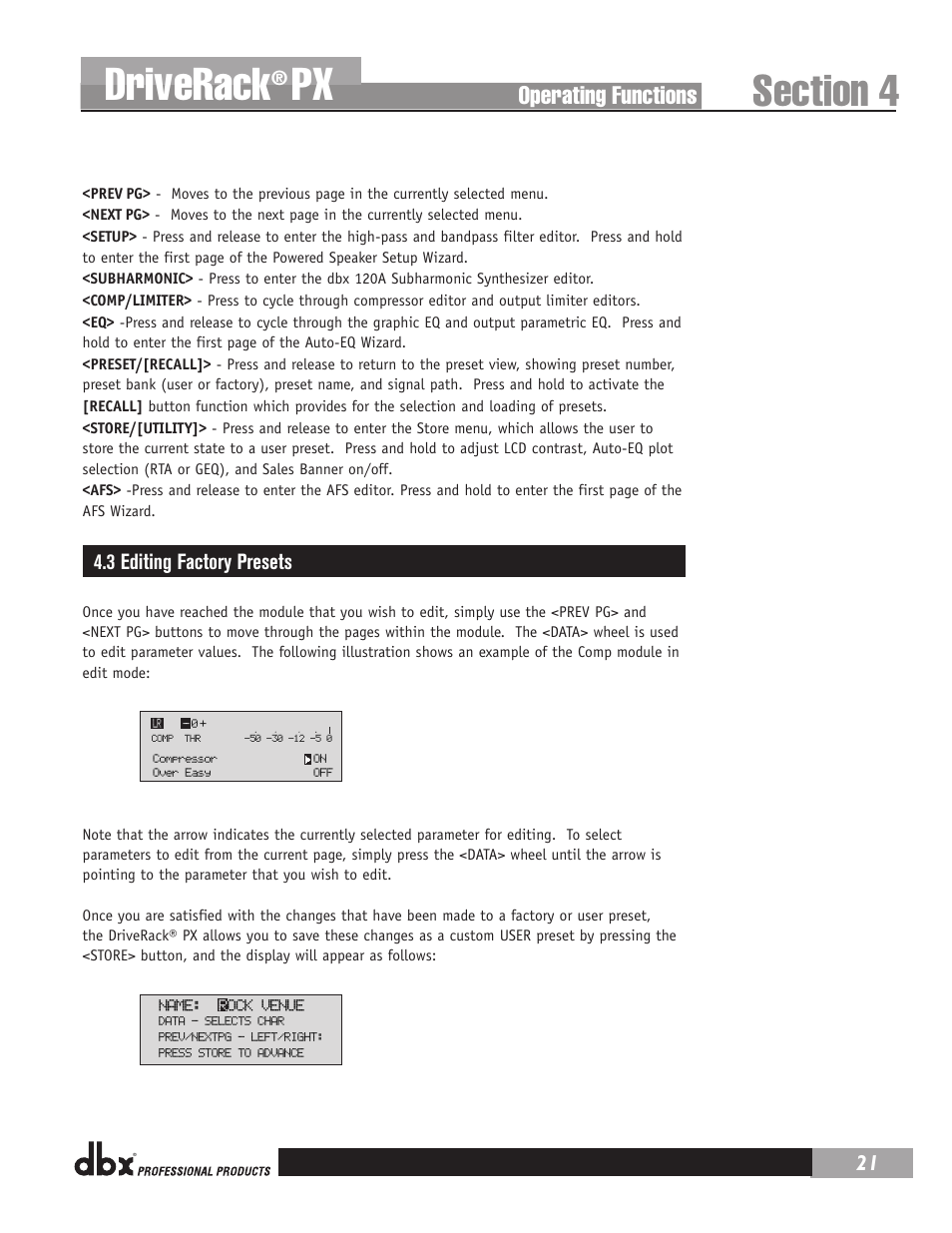 Driverack, Operating functions, 3 editing factory presets | dbx DriveRack PX Manual User Manual | Page 25 / 48