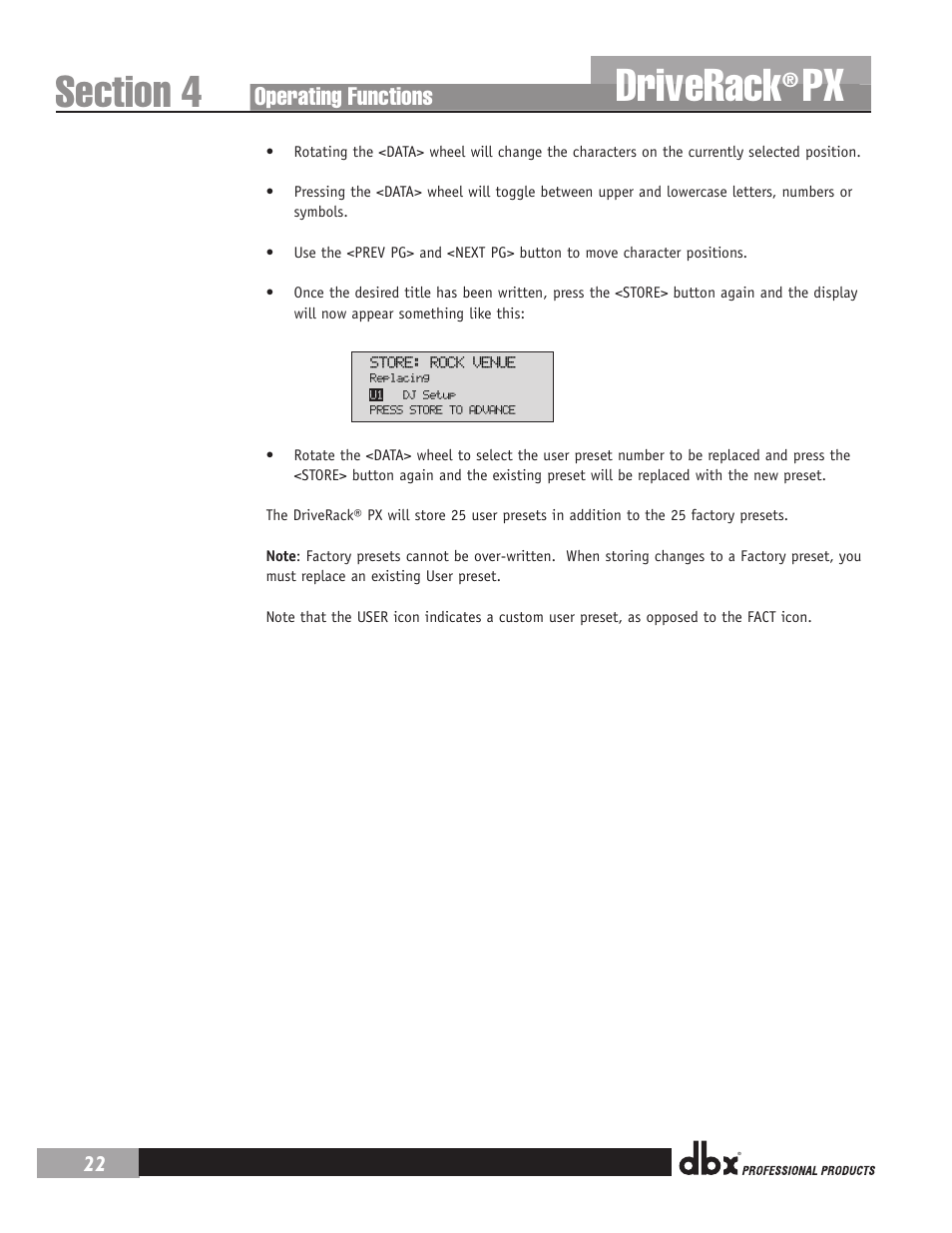 Driverack, Operating functions | dbx DriveRack PX Manual User Manual | Page 26 / 48